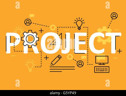 Project concept flat line design with icons and elements. Modern project concept vectors collection. Project concept lettering Stock Vector