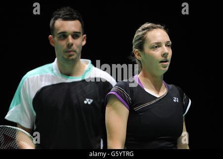 England's Chris Adcock (left) and Gabrielle White during day two of the 2013 Yonex All England Badminton Championships at the National Indoor Arena, Birmingham. Stock Photo