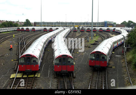 Tube trains stand idle at a depot in west London as drivers, station staff and signallers on the London Underground stage a 24 hour walkout in a row over Tube safety. *The three million people who normally use the Underground every day were expected to switch to other forms of transport to get to work. Union leaders claimed the planned public private partnership of the Underground may put lives of staff and passengers at risk. Stock Photo