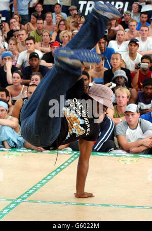A break dancer performs at the Sprite Urban Games 2002, on Clapham ...