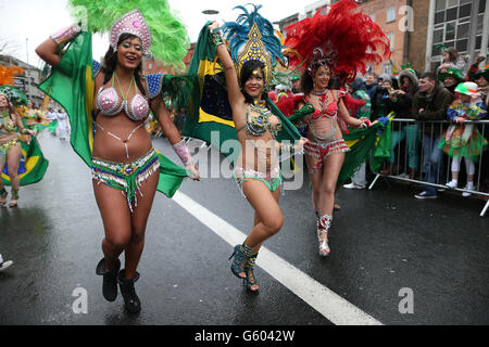 Revellers during the St Patrick's day parade through Dublin city centre on St Patrick's day. Stock Photo