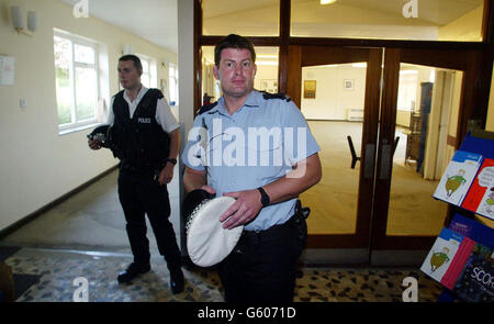 Police officers seal off Soham Village College, in Soham, Cambs after a press conference on missing 10-year-old girls Holly Wells and Jessica Chapman. School caretaker Ian Huntley, 28, and his partner Maxine Carr, 25, are being questioned about the disappearance of the two girls. Stock Photo