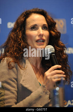 Andie MacDowell during a press conference at the DouroAzul Headquarters in Porto, Portugal. The Hollywood actress is in Porto to christen the 'Amavida', a new ship in the DouroAzul fleet. Stock Photo