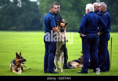 Police dog team search the playing fields of Soham Village College while police question the caretaker and his partner over the missing 10-year-old girls Jessica Chapman and Holly Wells in Soham Cambridhgeshire. Stock Photo