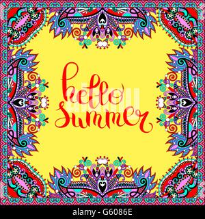 hello summer hand written lettering inscription on floral paisle Stock Vector
