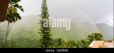 Panoramic view of Rio Sabana and El Yunque National Forest, looking east over the Rio Cubuy, Puerto RIco, from Casa Flamboyant. Stock Photo