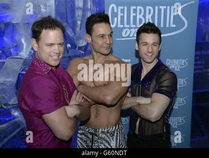 (left to right) Kyran Bracken, Chico and Colin Ratushniak at the launch of the Celebrities On Ice tour at the Ice Bar, London. Stock Photo