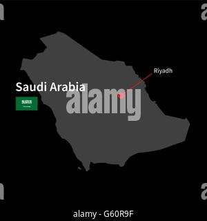 Detailed map of Saudi Arabia and capital city Riyadh with flag on black background Stock Vector