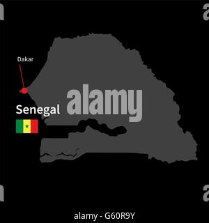 Detailed map of Senegal and capital city Dakar with flag on black background Stock Vector
