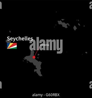 Detailed map of Seychelles and capital city Victoria with flag on black background Stock Vector
