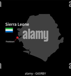 Detailed map of Sierra Leone and capital city Freetown with flag on black background Stock Vector