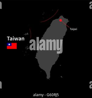 Detailed map of Taiwan and capital city Taipei with flag on black background Stock Vector