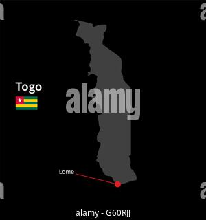 Detailed map of Togo and capital city Lome with flag on black background Stock Vector