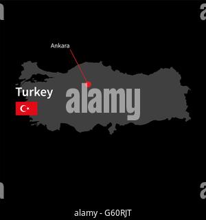 Detailed map of Turkey and capital city Ankara with flag on black background Stock Vector