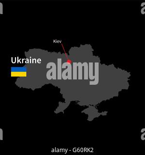 Detailed map of Ukraine and capital city Kiev with flag on black background Stock Vector