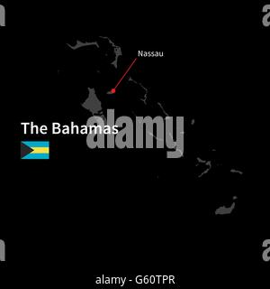 Detailed map of Bahamas and capital city Nassau with flag on black background Stock Vector