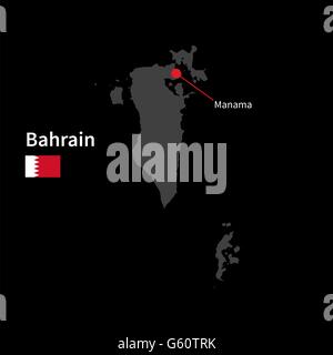 Detailed map of Bahrain and capital city Manama with flag on black background Stock Vector