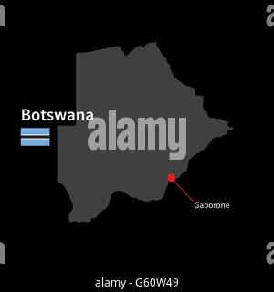 Detailed map of Botswana and capital city Gaborone with flag on black background Stock Vector