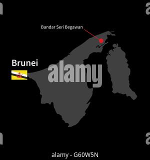 Detailed map of Brunei and capital city Bandar Seri Begawan with flag on black background Stock Vector