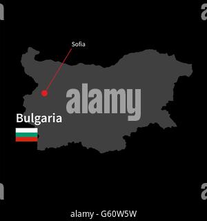 Detailed map of Bulgaria and capital city Sofia with flag on black background Stock Vector