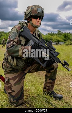 A French soldier with the 3rd Marine Infantry Parachute Regiment in assault training simulations during Swift Response 16 exercise at the Hohenfels Training Area June 19, 2016 in Hohenfels, Germany. Swift Response 16 includes more than 5,000 Soldiers and Airmen from Belgium, France, Germany, Great Britain, Italy, the Netherlands, Poland, Portugal, Spain and the United States. Stock Photo