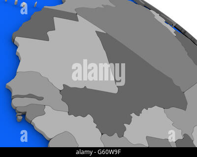 Map of Mali and Senegal on 3D model of Earth with countries in various shades of grey and blue oceans. 3D illustration Stock Photo