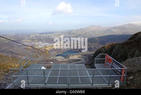 The view from the top of the zip wire at Zip World in Penrhyn Quarry, Bethesda, Bangor, North Wales. Stock Photo