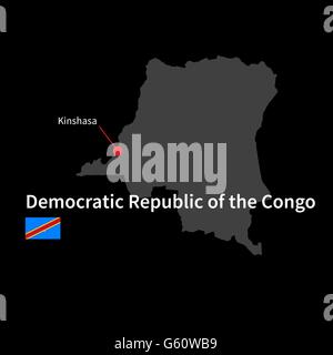 Detailed map of Democratic Republic of the Congo and capital city Kinshasa with flag on black background Stock Vector