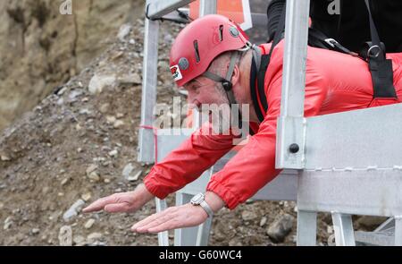 Robert Davies, 68, of Bethesda before his attempt on the zip wire at Zip World in Penrhyn Quarry, Bethesda, Bangor, North Wales. Stock Photo