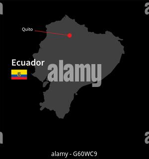 Detailed map of Ecuador and capital city Quito with flag on black background Stock Vector