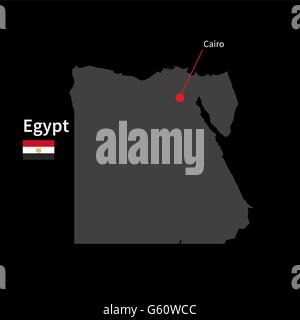 Detailed map of Egypt and capital city Cairo with flag on black background Stock Vector