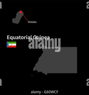 Detailed map of Equatorial Guinea and capital city Malabo with flag on black background Stock Vector