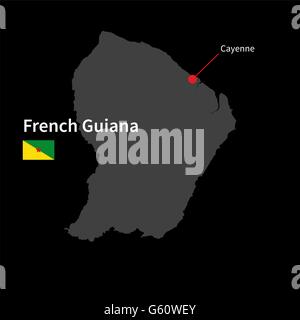 Detailed map of French Guiana and capital city Cayenne with flag on black background Stock Vector