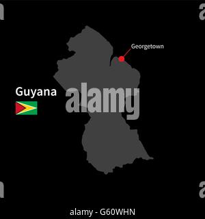 Detailed map of Guyana and capital city Georgetown with flag on black background Stock Vector