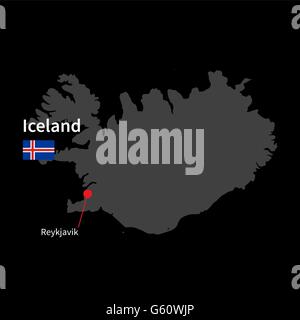 Detailed map of Iceland and capital city Reykjavik with flag on black background Stock Vector