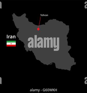 Detailed map of Iran and capital city Tehran with flag on black background Stock Vector