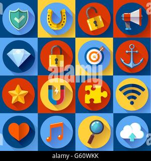 Set of Modern flat web icons. SEO, development, security, internet and music Stock Vector