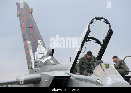 Historian and television presenter Dan Snow prepares to fly in the 70th anniversary 'Dambuster' painted RAF Tornado jet at RAF Coningsby in Lincolnshire. Stock Photo