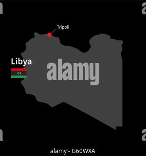 Detailed map of Libya and capital city Tripoli with flag on black background Stock Vector