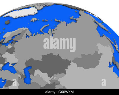 Map of Russia on 3D model of Earth with countries in various shades of grey and blue oceans. 3D illustration Stock Photo
