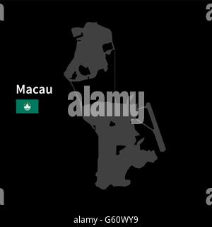 Detailed map of Macau with flag on black background Stock Vector