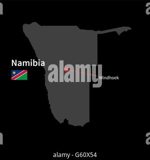 Detailed map of Namibia and capital city Windhoek with flag on black background Stock Vector