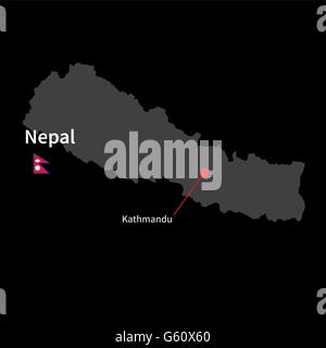 Detailed map of Nepal and capital city Kathmandu with flag on black background Stock Vector