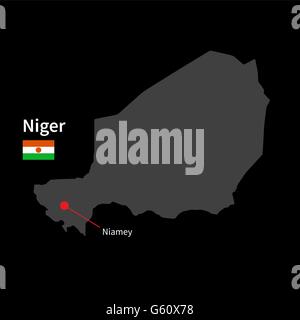 Detailed map of Niger and capital city Niamey with flag on black background Stock Vector