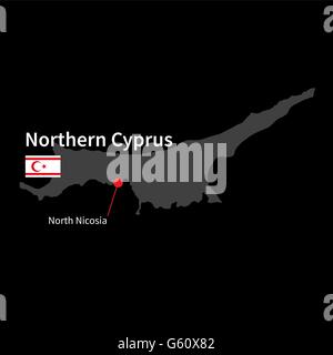 Detailed map of Northern Cyprus and capital city North Nicosia with flag on black background Stock Vector