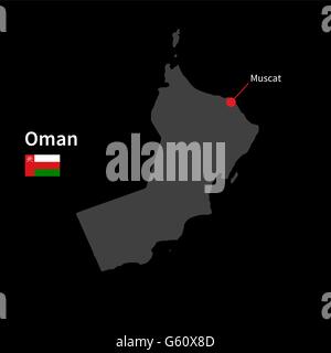 Detailed map of Oman and capital city Muscat with flag on black background Stock Vector