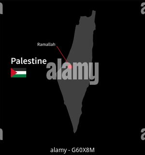 Detailed map of Palestine and capital city Ramallah with flag on black background Stock Vector