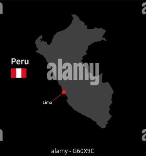Detailed map of Peru and capital city Lima with flag on black background Stock Vector