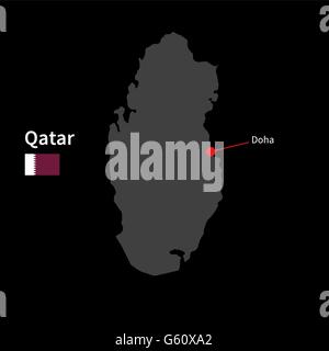 Detailed map of Qatar and capital city Doha with flag on black background Stock Vector