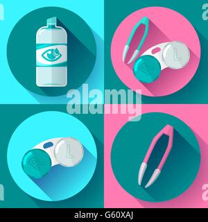 Contact lens, Container, daily solution, eye drops and tweezers icons Stock Vector